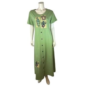 Vintage 90s Juli Anne Green Maxi Dress L Art to Wear Hand Painted Vegetables NEW